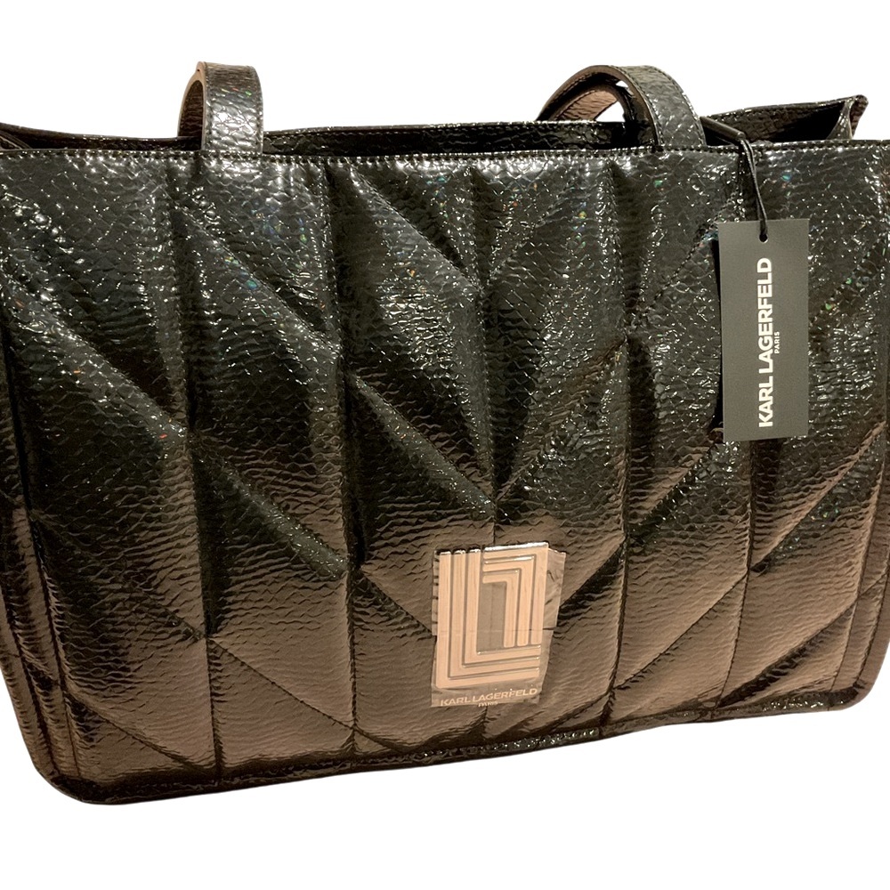NWT_ Karl Largefeld Pari Vegan Patent Leather Faux Snake Embossed Tote Bag!